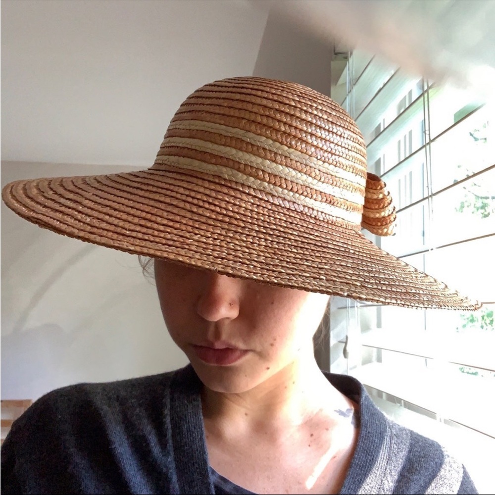 Vintage straw wide brim Hat bow two tone sun